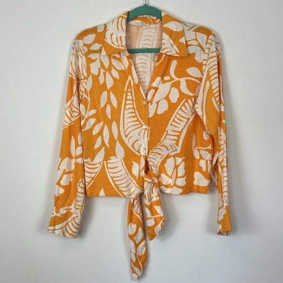 Christian Siriano Tops - Christian Siriano Taylor Swift Tropical Beach Cropped Tie Front 100% Linen Top L